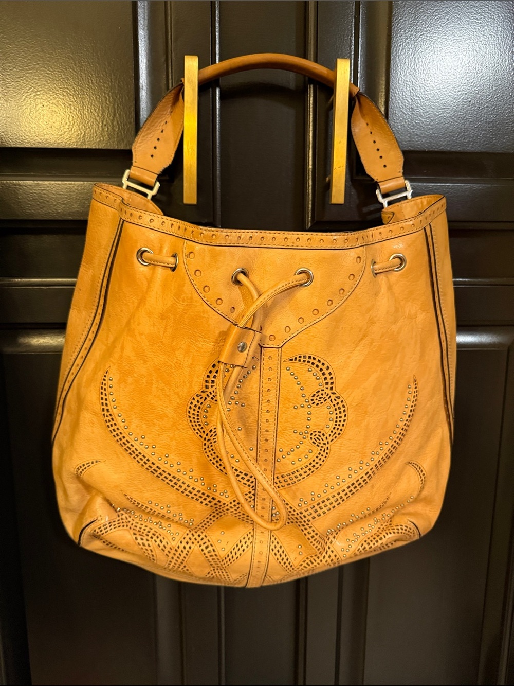 Cole Haan Tan Leather Studded Drawstring Shoulder Bag